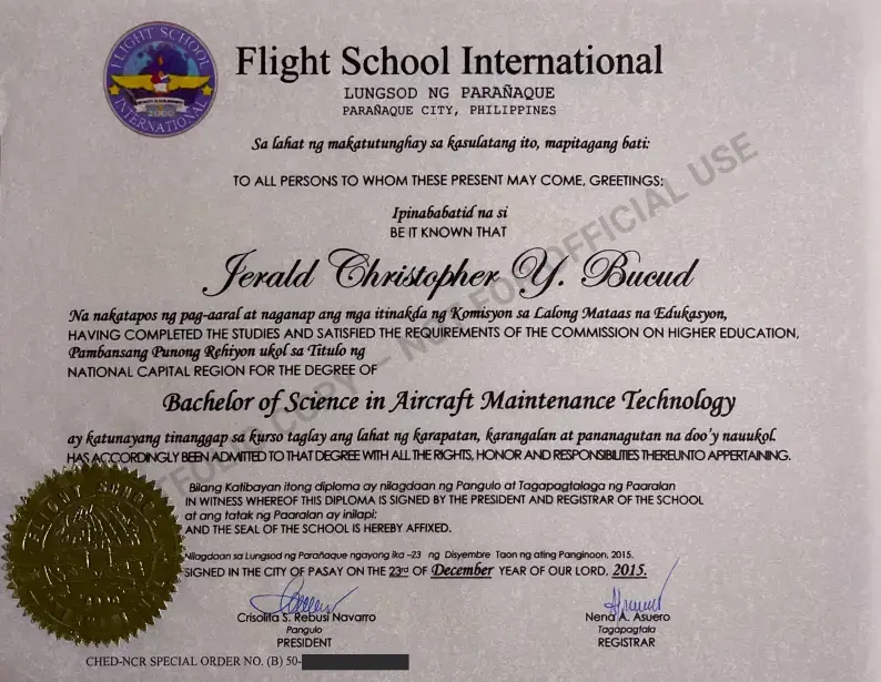Portfolio copy of the Bachelor of Science in Aircraft Maintenance Technology diploma awarded to Jerald Christopher Bucud